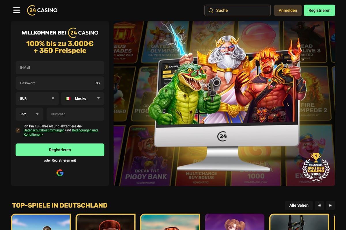 Screenshot der 24Casino Homepage