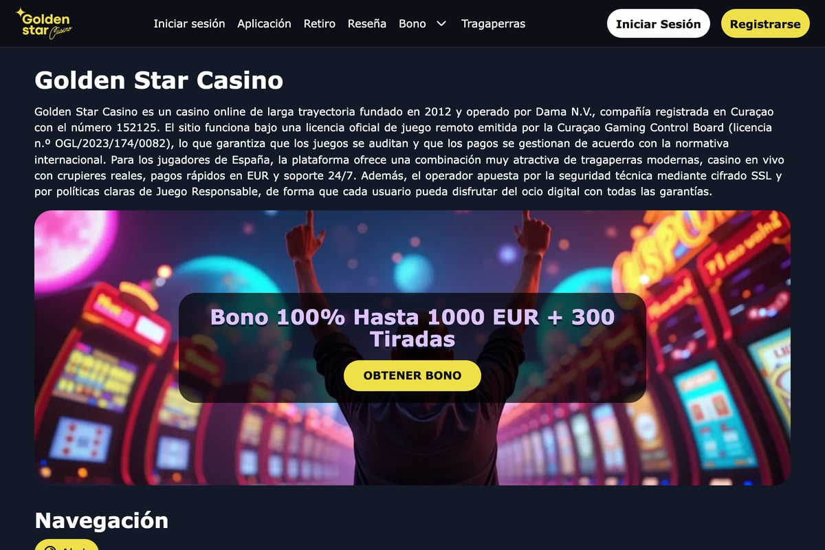 Screenshot der Golden Star Casino Homepage