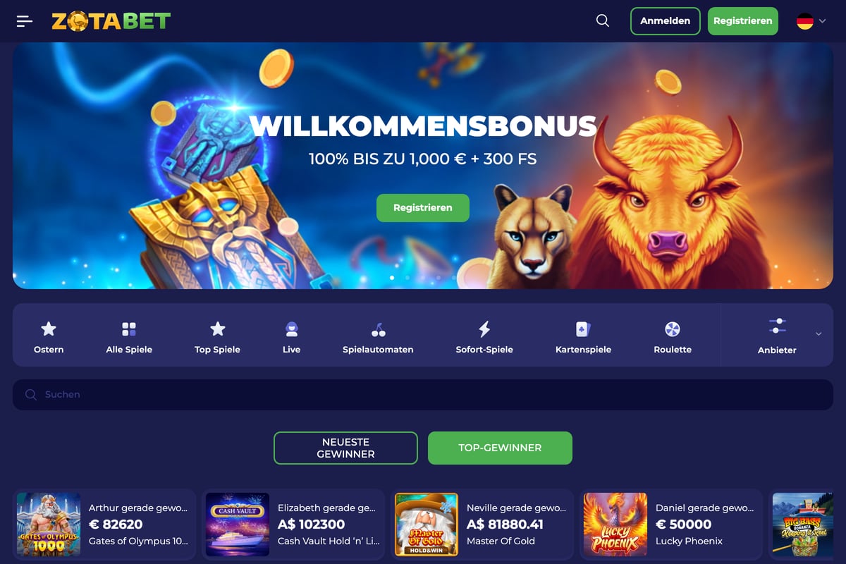 Screenshot der Zotabet Casino Homepage